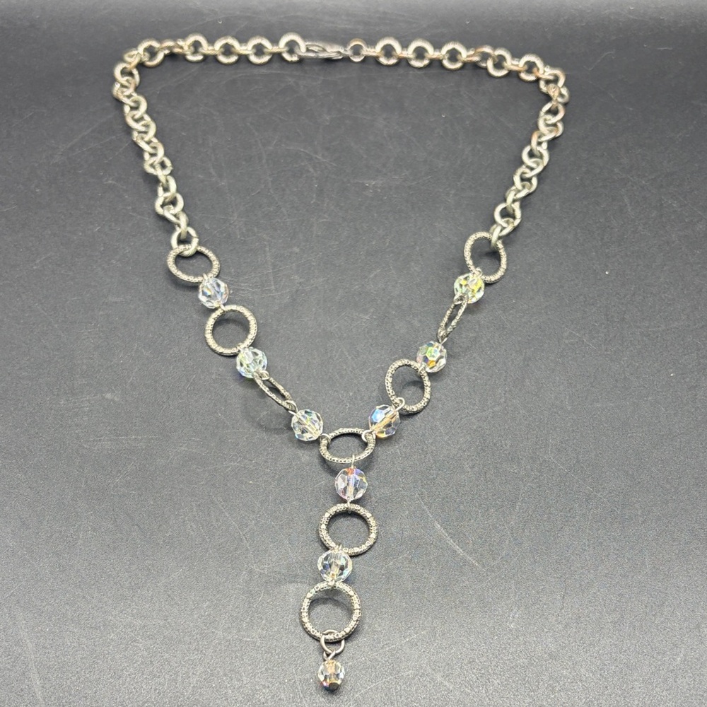 Y-drop Style Faceted Crystal Sphere Silver Tn Etched Metal Disk Necklace Jewelry